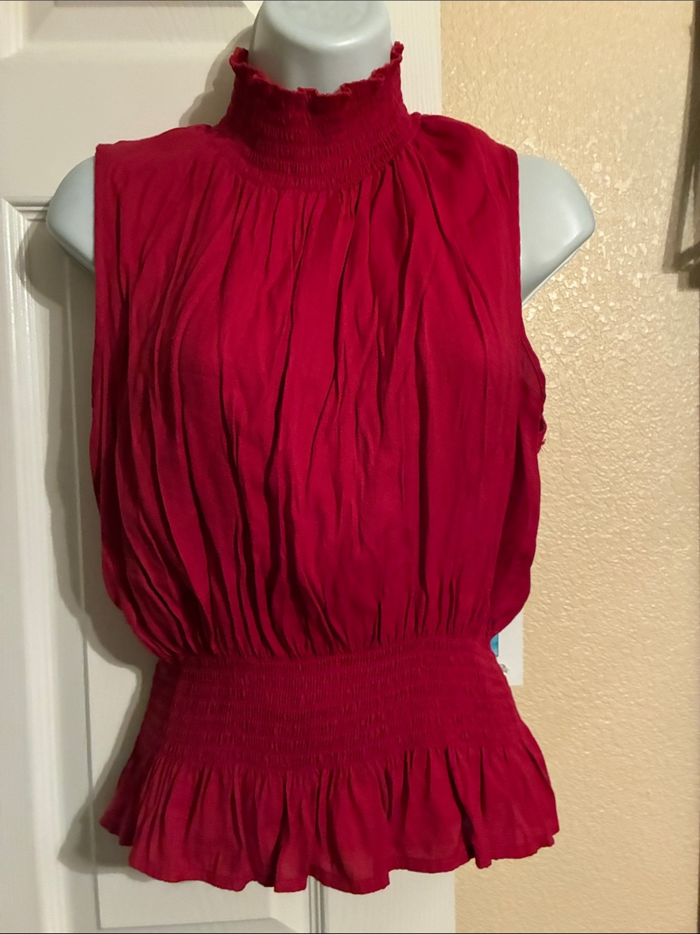 Sleeveless High-Neck Smocked Waist Blouse in Deep Red